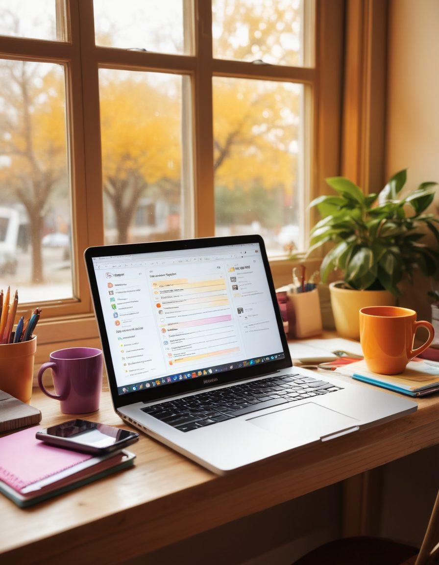 A cozy, inviting workspace featuring an open laptop displaying a blog dashboard, surrounded by colorful stationery, a steaming cup of coffee, and inspirational books on blogging. Soft natural light filtering through a window, casting gentle shadows, creating a warm atmosphere. Elements depicting various blogging tools and strategies, like a checklist and graphs, scattered around. super-realistic. vibrant colors. warm lighting.