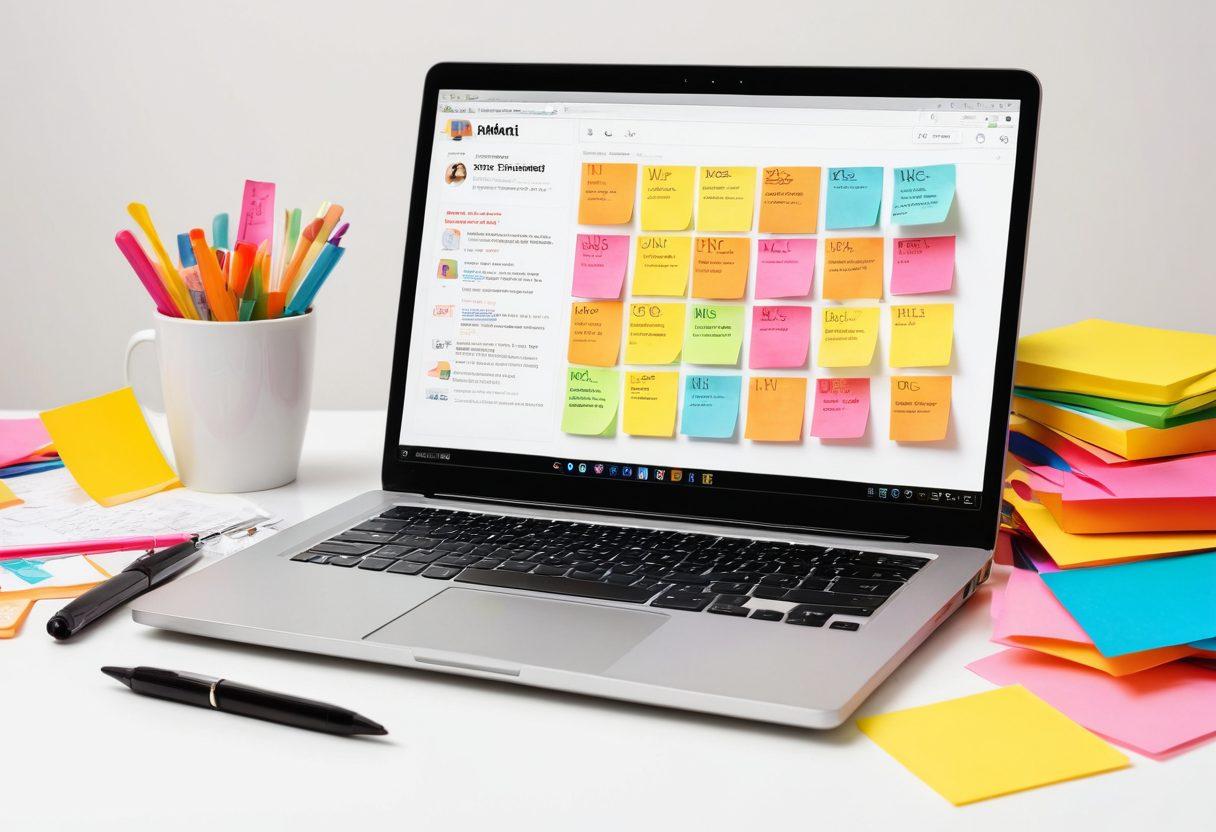 A vibrant open laptop displaying a blog interface, surrounded by colorful sticky notes filled with tips and tools, a cup of coffee steaming nearby, a lightbulb glowing overhead symbolizing ideas, and a desk cluttered with writing materials. bright and inviting atmosphere. super-realistic. vibrant colors. white background.