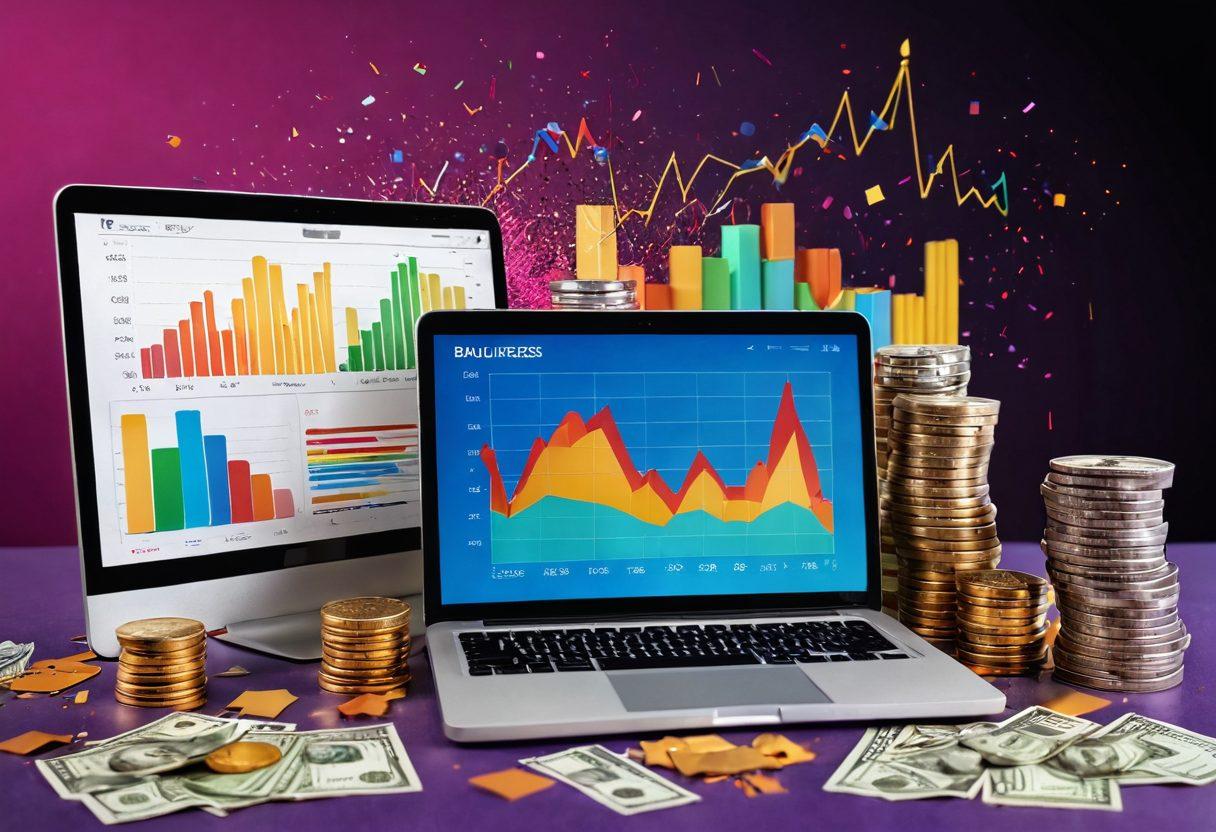 A dynamic and colorful scene depicting a laptop surrounded by stacks of dollar bills, gold coins, and graph charts showing upward trends. In the background, a diverse group of bloggers is celebrating their success with a trophy and confetti, symbolizing achievement. The atmosphere is vibrant, energetic, and inspiring, representing growth and monetization in blogging. super-realistic. vibrant colors. white background.